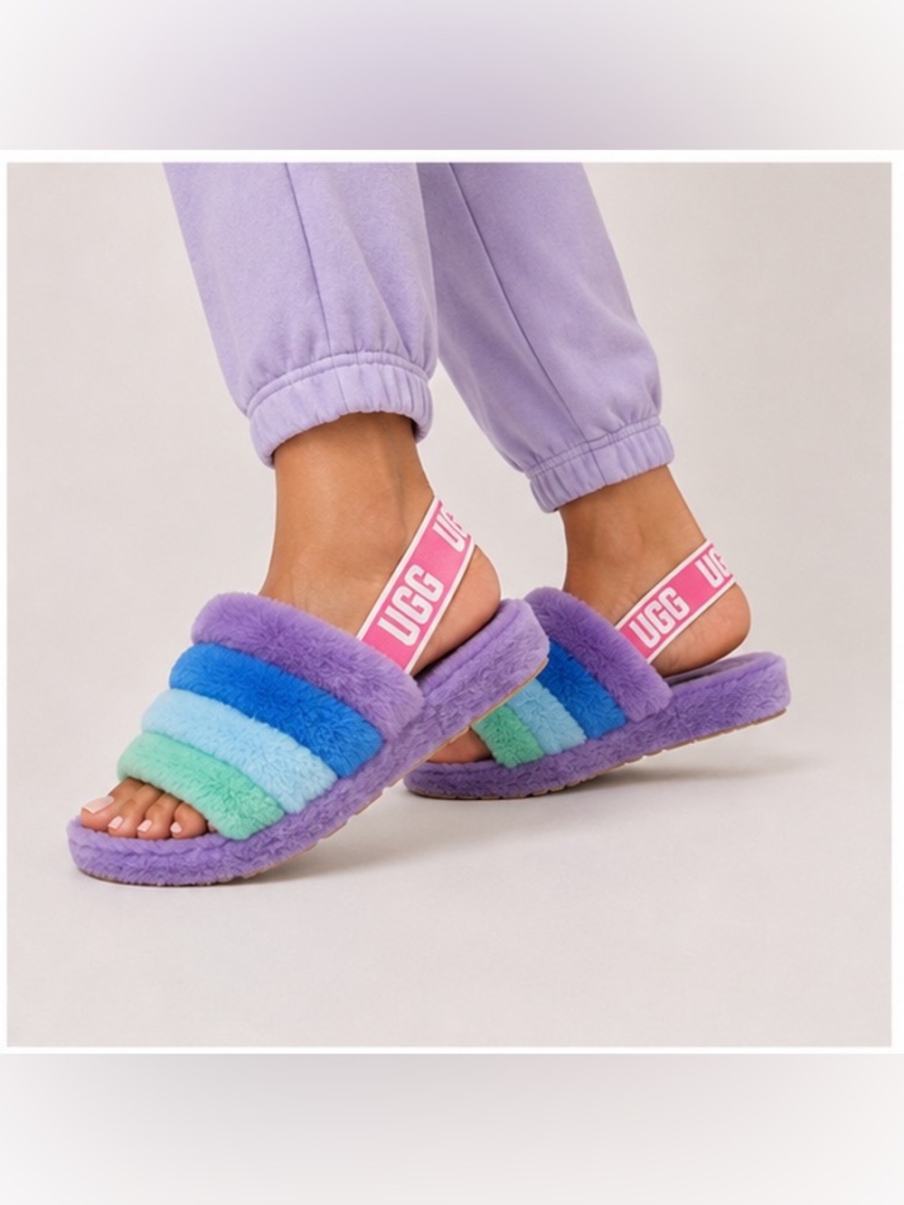 UGG Rainbow Striped Purple Shearling Slide Slippers with Pink Logo Strap